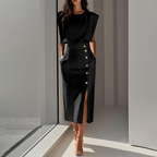 🎀 French elegance! Slit midi skirt | Draped fabric with a slight waist tuck