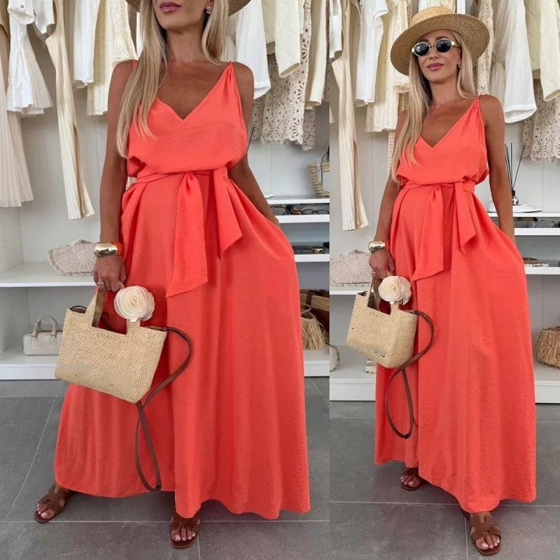 💜LAST DAY PROMOTION - 61%OFF💜Women’s Spaghetti Strap Maxi Dress with Waist Tie
