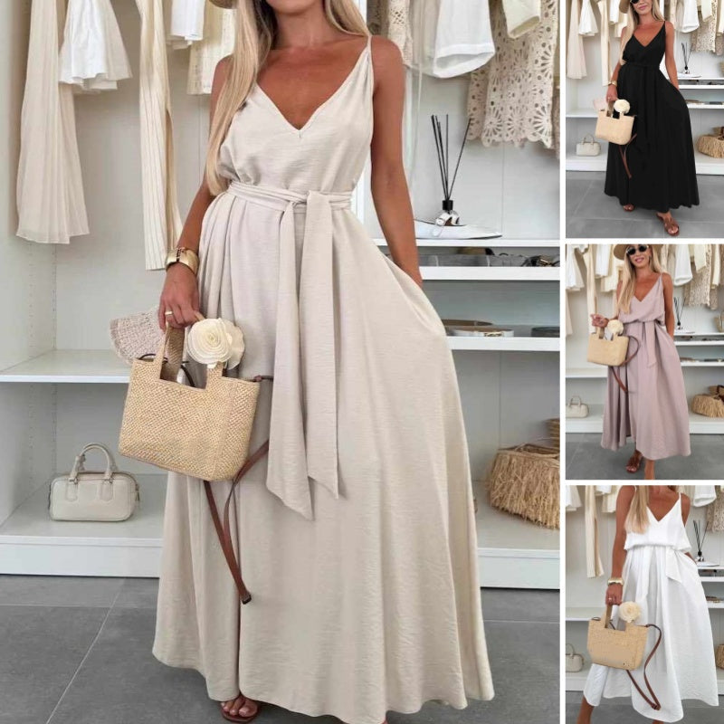 💜LAST DAY PROMOTION - 61%OFF💜Women’s Spaghetti Strap Maxi Dress with Waist Tie