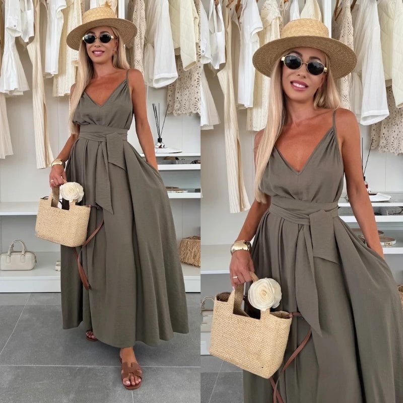 💜LAST DAY PROMOTION - 61%OFF💜Women’s Spaghetti Strap Maxi Dress with Waist Tie