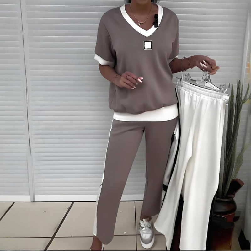 💜Women's Effortless Chic V-Neck Top & Pants Set - Everyday Essential