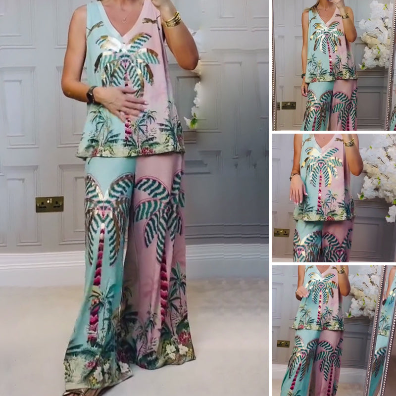 🌴 Tropical Coconut Tree Set – Lightweight Tank & Pants for Beach Vacays