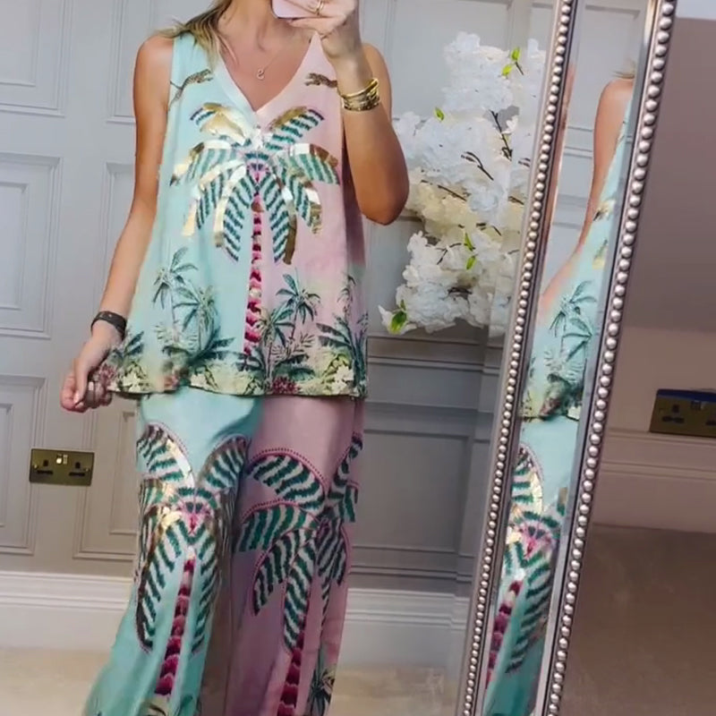 🌴 Tropical Coconut Tree Set – Lightweight Tank & Pants for Beach Vacays