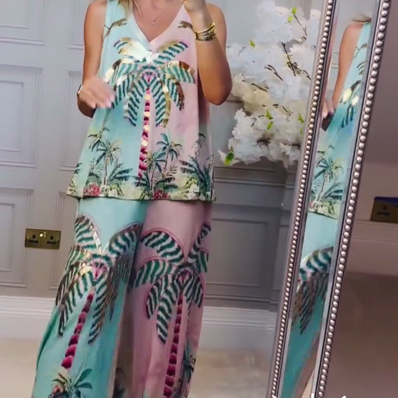 🌴 Tropical Coconut Tree Set – Lightweight Tank & Pants for Beach Vacays