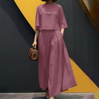 🌟 Perfect for both staying home and going out! Round neck and mid-length sleeve suit | Wide-leg pants hide your figure, T-shirt makes you look slimmer, one-piece set.