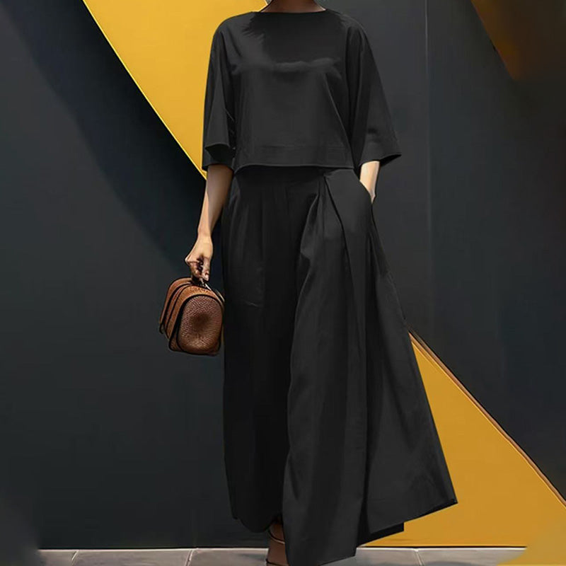 🌟 Perfect for both staying home and going out! Round neck and mid-length sleeve suit | Wide-leg pants hide your figure, T-shirt makes you look slimmer, one-piece set.