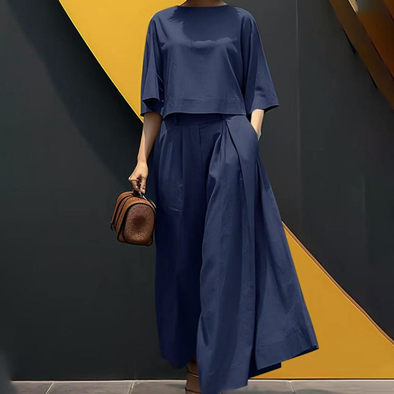 🌟 Perfect for both staying home and going out! Round neck and mid-length sleeve suit | Wide-leg pants hide your figure, T-shirt makes you look slimmer, one-piece set.