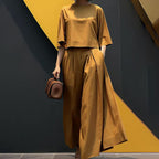 🌟 Perfect for both staying home and going out! Round neck and mid-length sleeve suit | Wide-leg pants hide your figure, T-shirt makes you look slimmer, one-piece set.