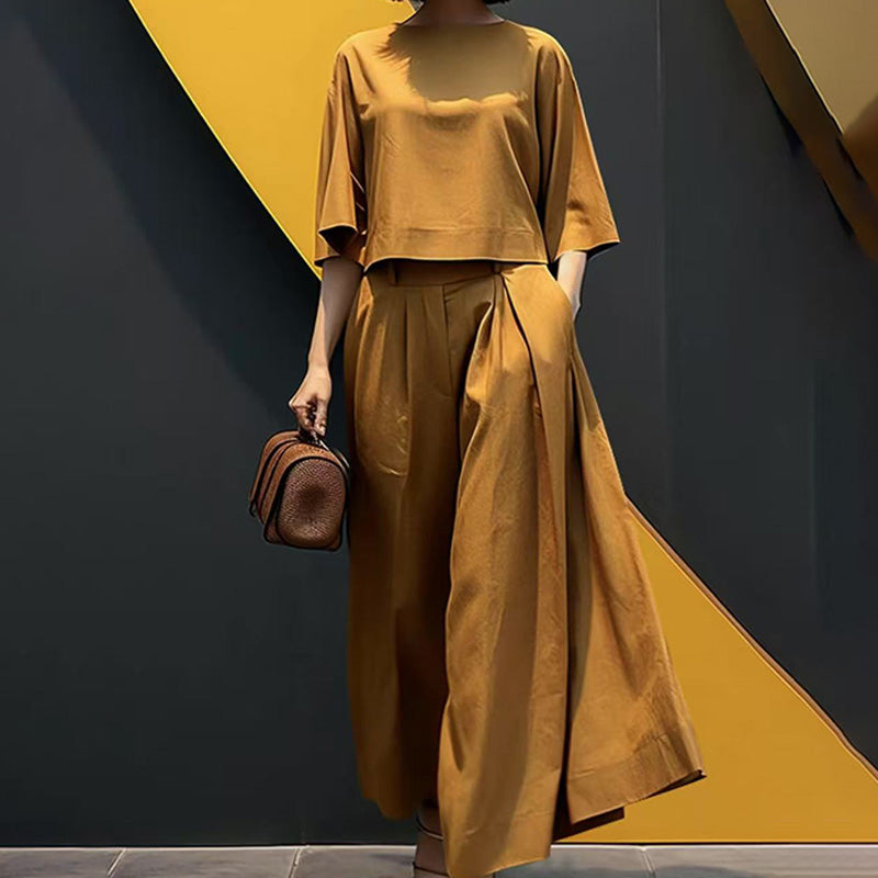 🌟 Perfect for both staying home and going out! Round neck and mid-length sleeve suit | Wide-leg pants hide your figure, T-shirt makes you look slimmer, one-piece set.