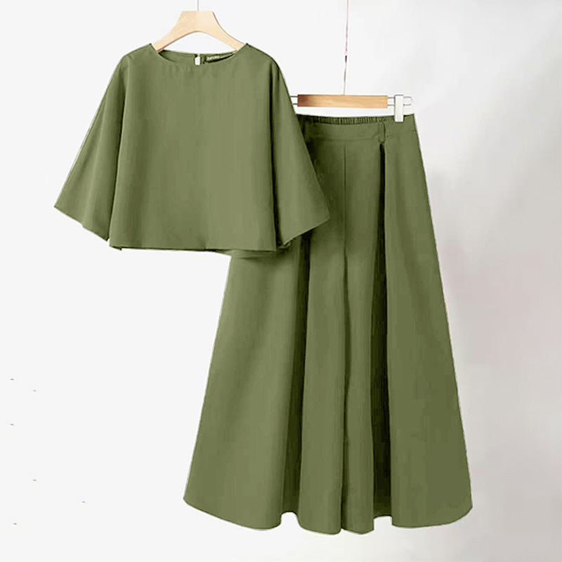 🌟 Perfect for both staying home and going out! Round neck and mid-length sleeve suit | Wide-leg pants hide your figure, T-shirt makes you look slimmer, one-piece set.