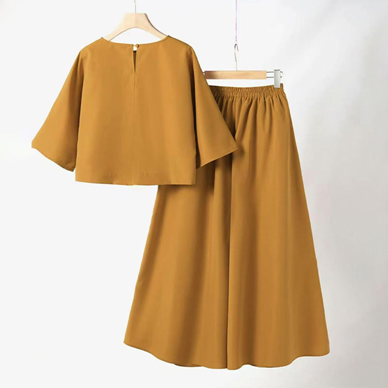 🌟 Perfect for both staying home and going out! Round neck and mid-length sleeve suit | Wide-leg pants hide your figure, T-shirt makes you look slimmer, one-piece set.