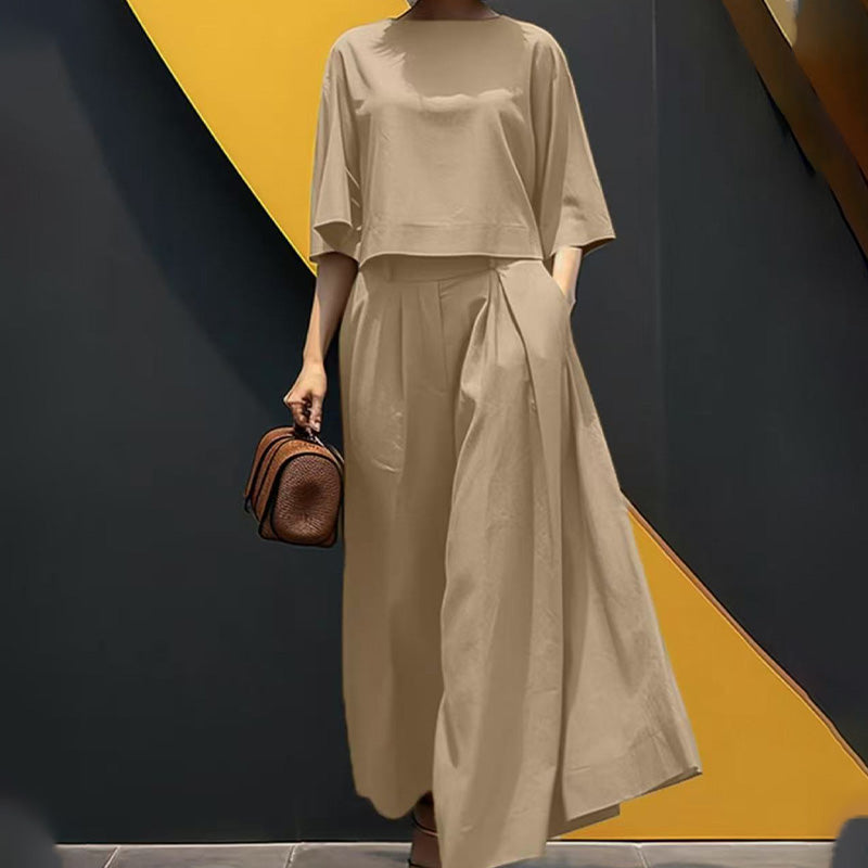 🌟 Perfect for both staying home and going out! Round neck and mid-length sleeve suit | Wide-leg pants hide your figure, T-shirt makes you look slimmer, one-piece set.