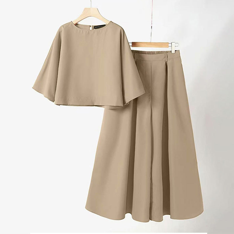 🌟 Perfect for both staying home and going out! Round neck and mid-length sleeve suit | Wide-leg pants hide your figure, T-shirt makes you look slimmer, one-piece set.