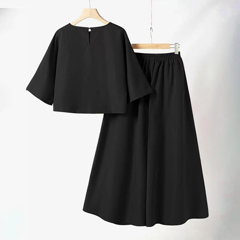 🌟 Perfect for both staying home and going out! Round neck and mid-length sleeve suit | Wide-leg pants hide your figure, T-shirt makes you look slimmer, one-piece set.