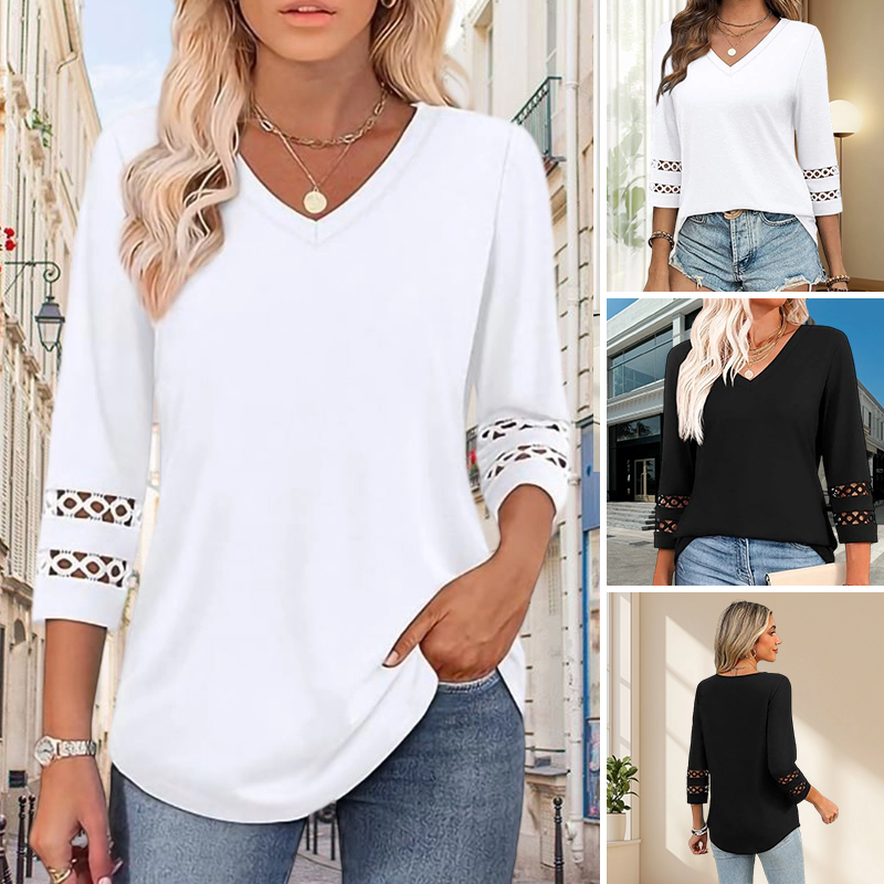 ✨ Classic Solid V-Neck Top with 3/4 Sleeves – Comfortable & Flattering for All Occasions
