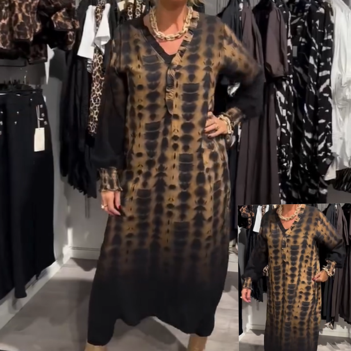 🌙 Bold Leopard Print Long Dress – V-Neck & Loose Silhouette, Edgy Yet Feminine 👗