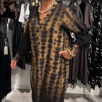 🌙 Bold Leopard Print Long Dress – V-Neck & Loose Silhouette, Edgy Yet Feminine 👗