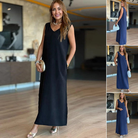 ✨ Slim Fit V-Neck Solid Dress – Sleeveless Design, Polished Look for Dates & Gatherings 🌸