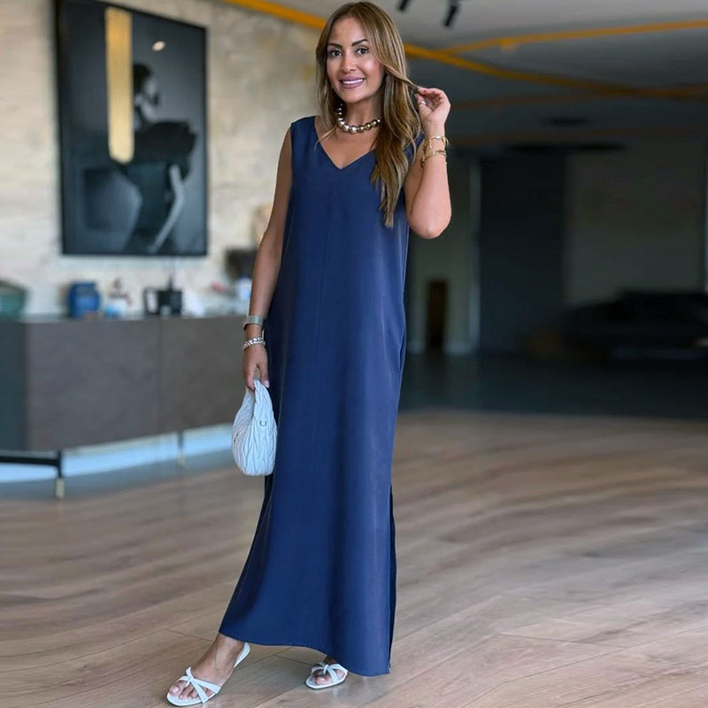 ✨ Slim Fit V-Neck Solid Dress – Sleeveless Design, Polished Look for Dates & Gatherings 🌸