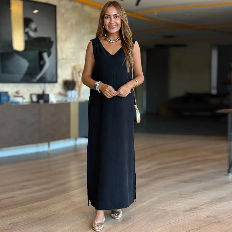 ✨ Slim Fit V-Neck Solid Dress – Sleeveless Design, Polished Look for Dates & Gatherings 🌸