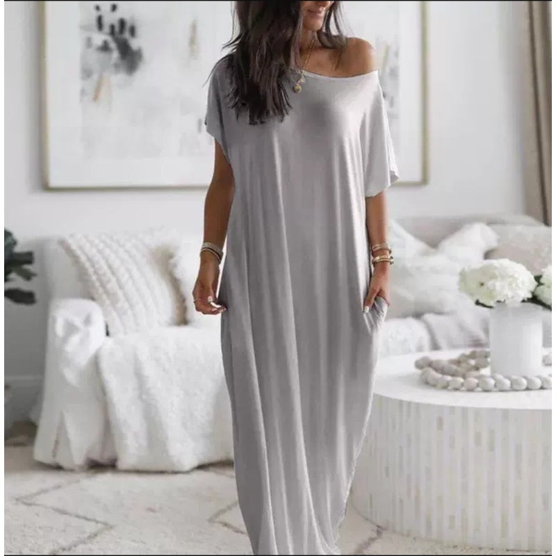 🌸 Loose Fit Solid Long Dress – Women's Short-Sleeve Summer Casual Vibe