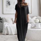 🌸 Loose Fit Solid Long Dress – Women's Short-Sleeve Summer Casual Vibe