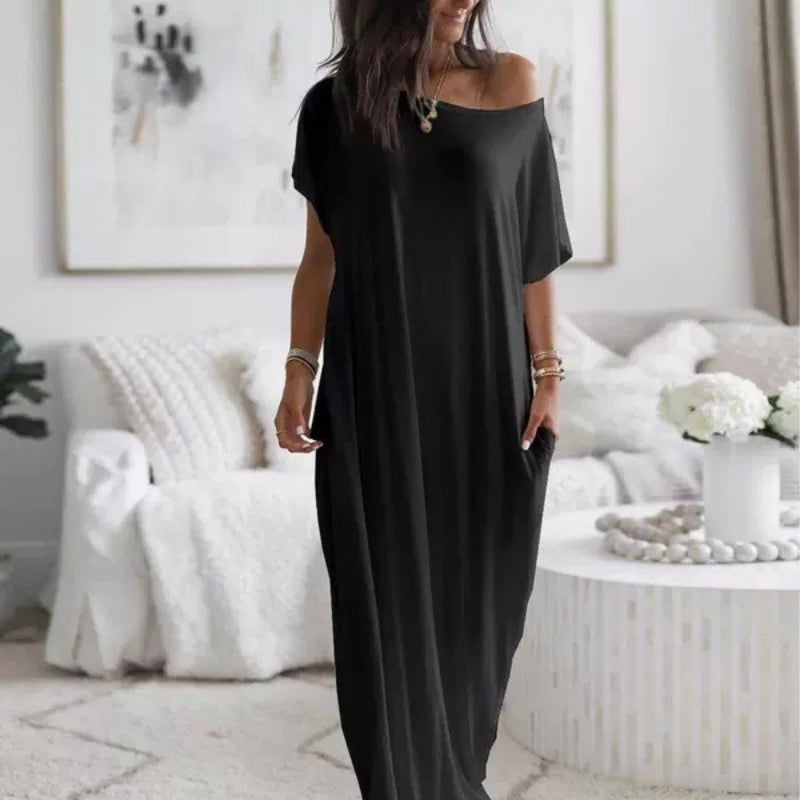 🌸 Loose Fit Solid Long Dress – Women's Short-Sleeve Summer Casual Vibe