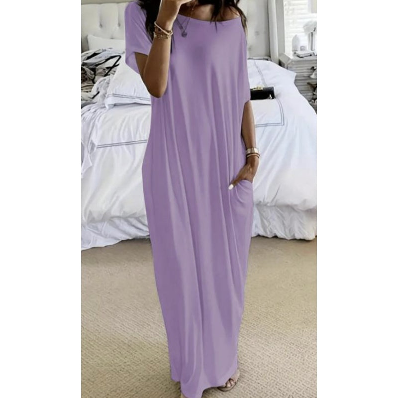🌸 Loose Fit Solid Long Dress – Women's Short-Sleeve Summer Casual Vibe