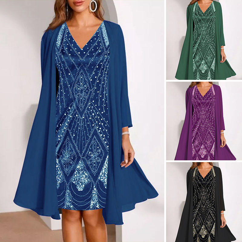 💃 Sheer Long Jacket & V-Neck Dress Set – Flattering Cut & Airy Fabric