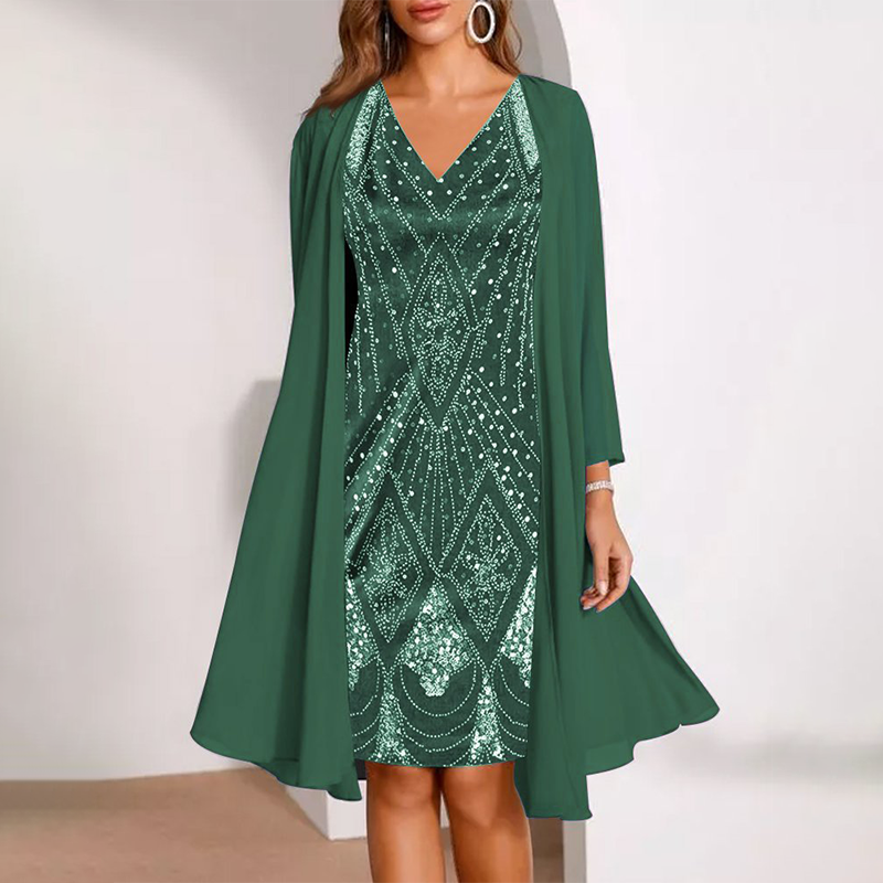 💃 Sheer Long Jacket & V-Neck Dress Set – Flattering Cut & Airy Fabric