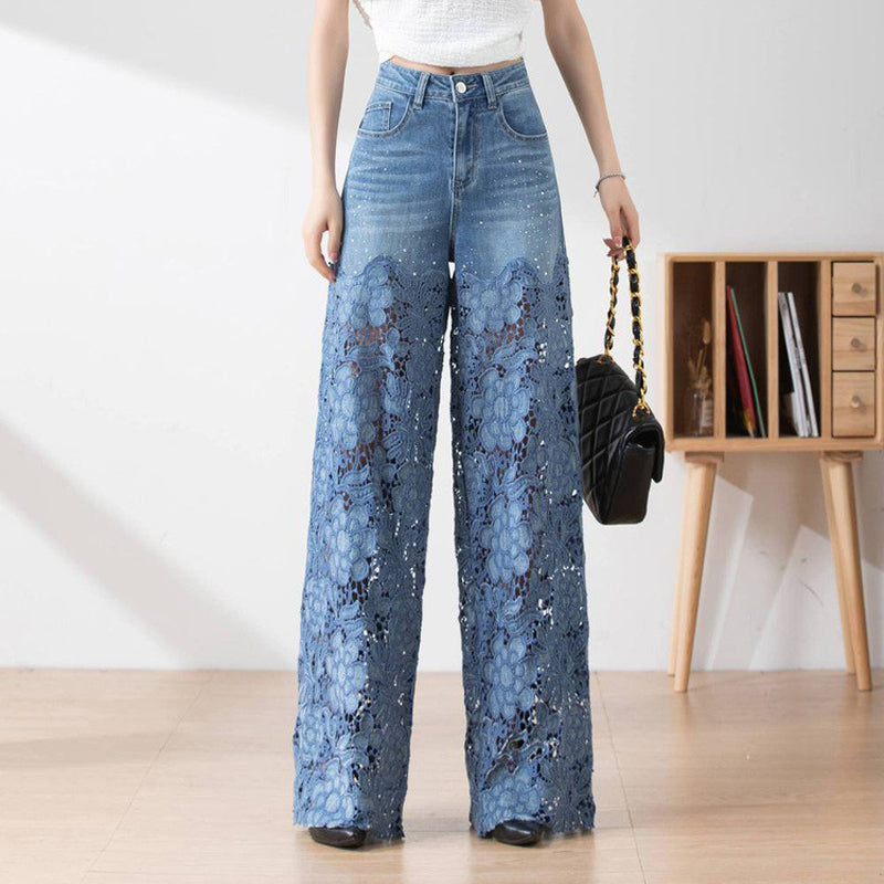 😍Women's Blue Denim Wide-Leg Pants – High-Waisted Fit + Lace Panels👖