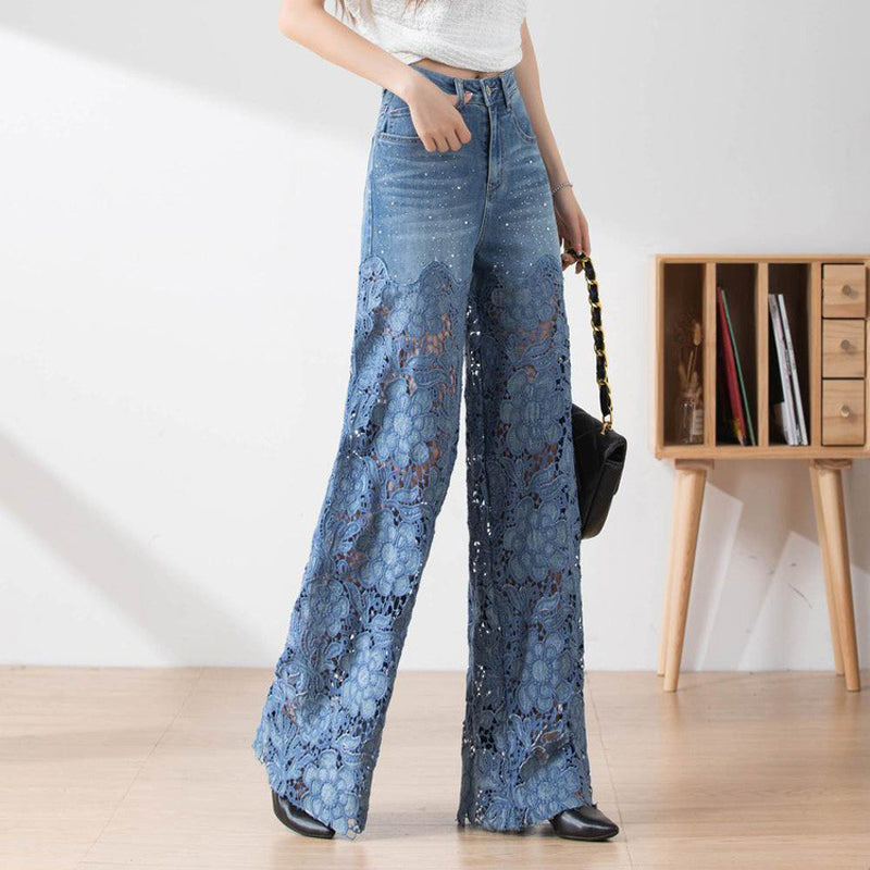 😍Women's Blue Denim Wide-Leg Pants – High-Waisted Fit + Lace Panels👖