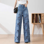 😍Women's Blue Denim Wide-Leg Pants – High-Waisted Fit + Lace Panels👖