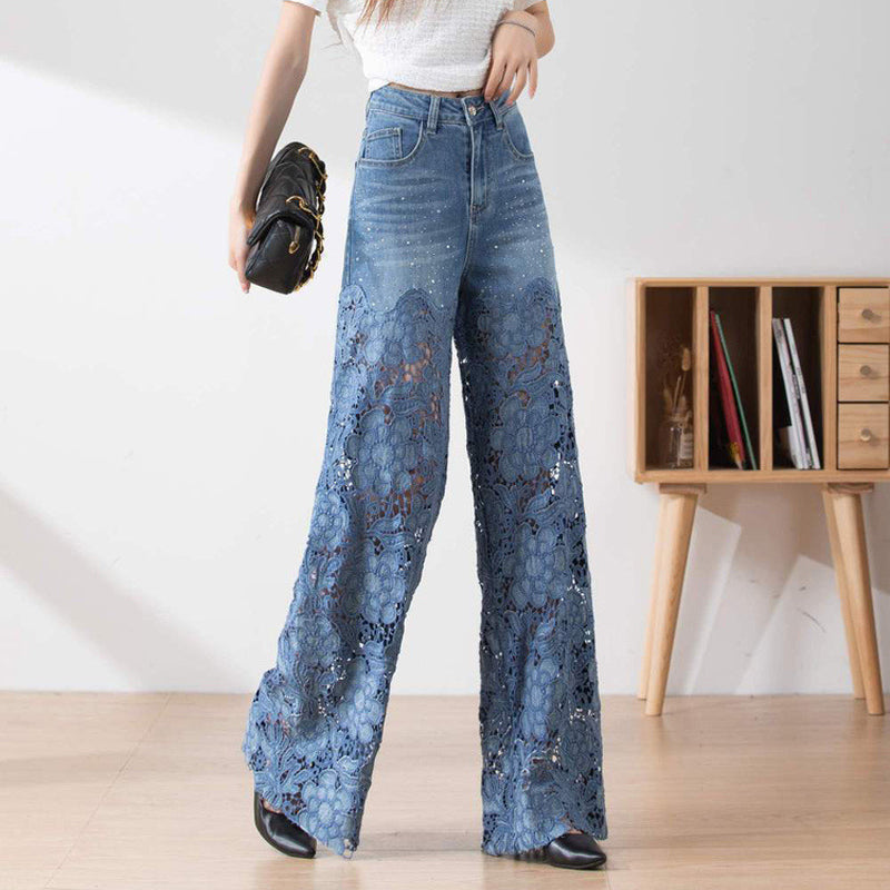 😍Women's Blue Denim Wide-Leg Pants – High-Waisted Fit + Lace Panels👖
