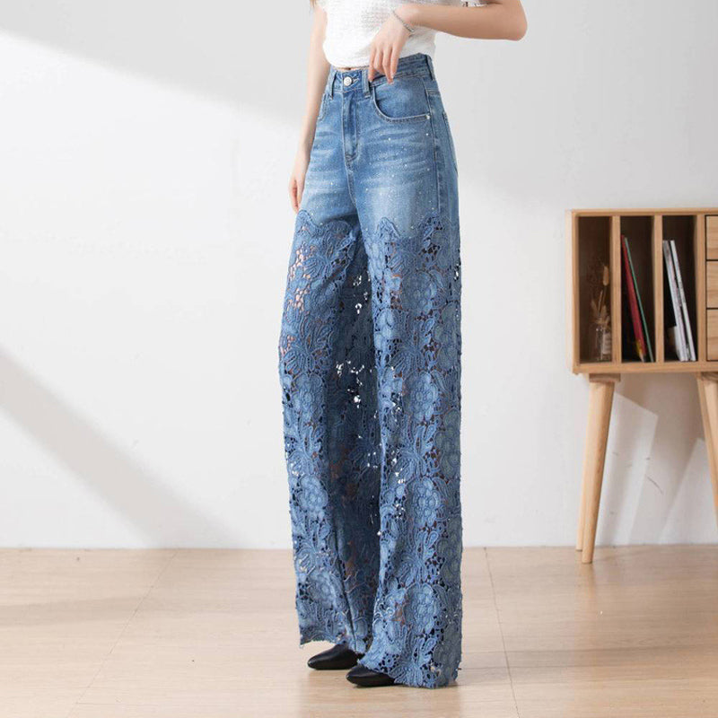 😍Women's Blue Denim Wide-Leg Pants – High-Waisted Fit + Lace Panels👖