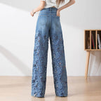😍Women's Blue Denim Wide-Leg Pants – High-Waisted Fit + Lace Panels👖