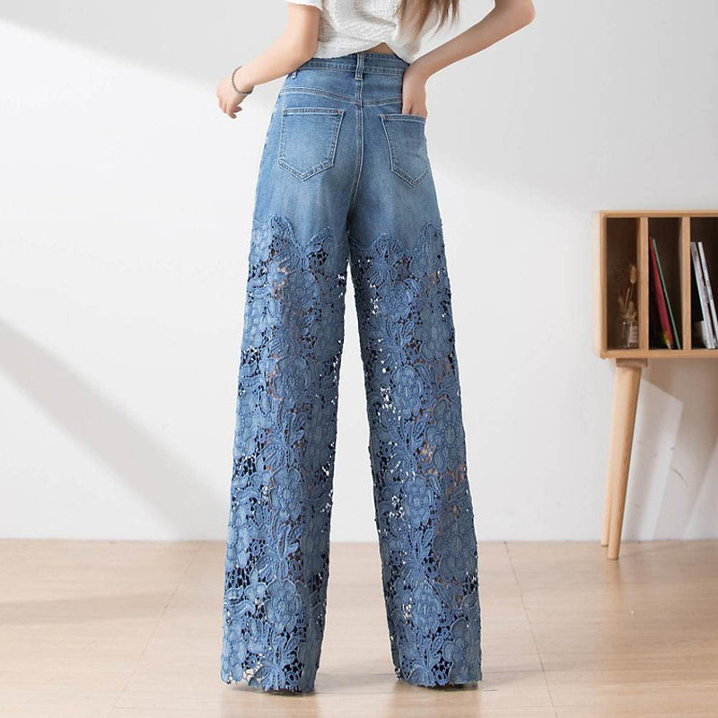 😍Women's Blue Denim Wide-Leg Pants – High-Waisted Fit + Lace Panels👖