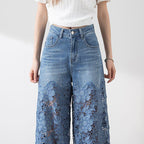 😍Women's Blue Denim Wide-Leg Pants – High-Waisted Fit + Lace Panels👖