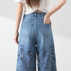 😍Women's Blue Denim Wide-Leg Pants – High-Waisted Fit + Lace Panels👖