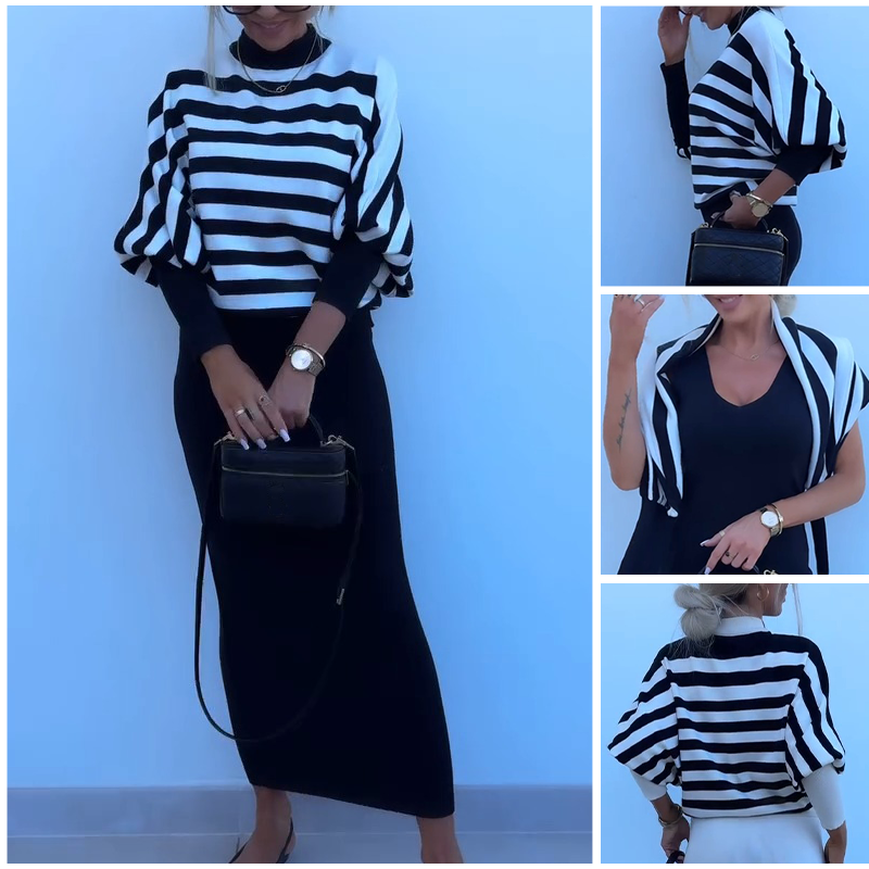 👚Striped Knit 2-Piece Set – Long-Sleeve Top & Slim Dress, Soft & Figure-Flattering