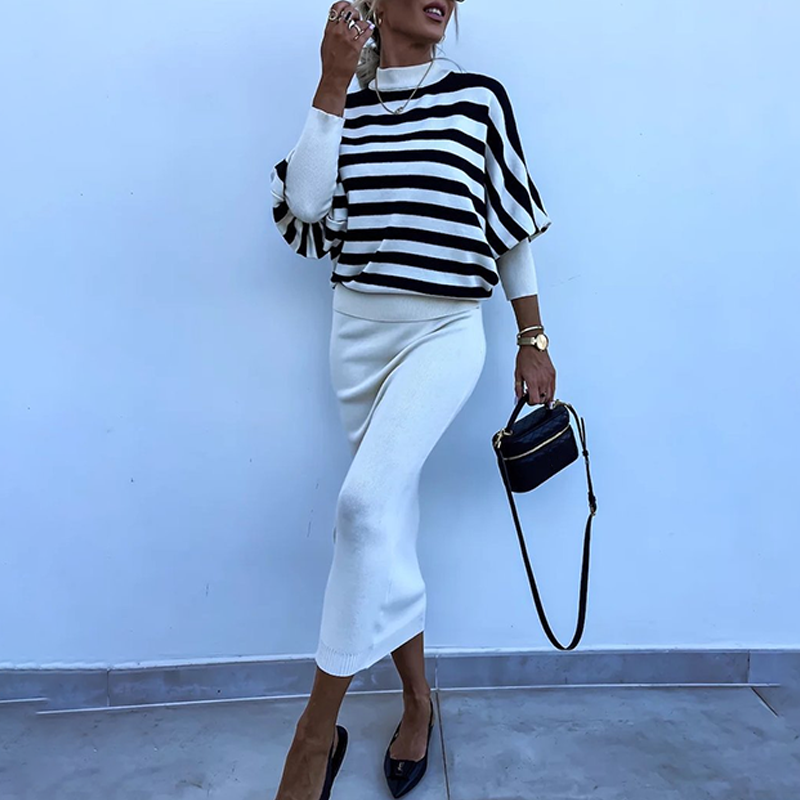 👚Striped Knit 2-Piece Set – Long-Sleeve Top & Slim Dress, Soft & Figure-Flattering