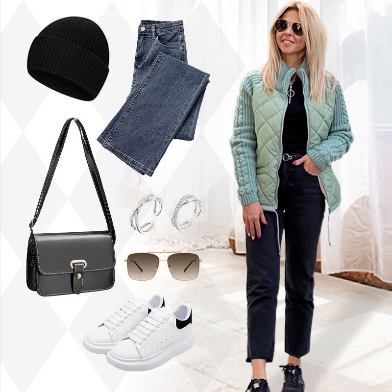 Women's Knit Patchwork Puffy Jacket ✨ – Unique Knit Panels + Puffy Silhouette, Stylish for Café Dates & Street Shoots 🛍️