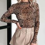 Women's Y2K Leopard Mesh Long Sleeve Top - Edgy Sheer Party/Daily Casual Crop Top