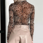 Women's Y2K Leopard Mesh Long Sleeve Top - Edgy Sheer Party/Daily Casual Crop Top
