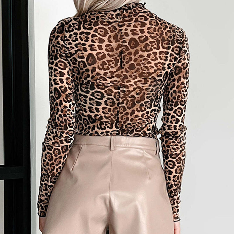 Women's Y2K Leopard Mesh Long Sleeve Top - Edgy Sheer Party/Daily Casual Crop Top