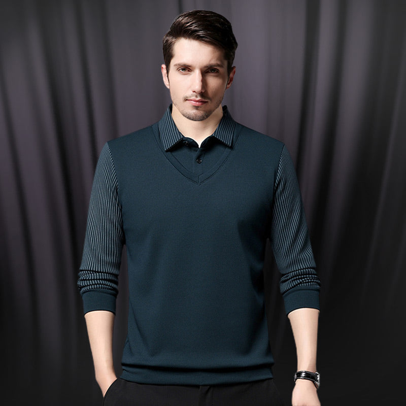 Men's Lapel Faux Two-Piece Knitted Shirt 👔🧶✨ – Casual Comfy Knit Top, Great for Daily Wear & Office Outfits