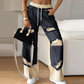 Elastic Drawstring Patchwork Denim Wide-Leg Pants 👖💫 – Stretchy Fit, Unique Patchwork Design, Comfy for All-Day Wear