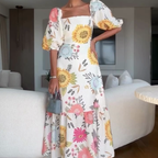 Women's Printed Puff Sleeve Dress ✨💨 – Square Neck & Waist-Cinching, Elegant Silhouette, Perfect for Parties & Casual Hangouts