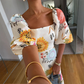 Women's Printed Puff Sleeve Dress ✨💨 – Square Neck & Waist-Cinching, Elegant Silhouette, Perfect for Parties & Casual Hangouts