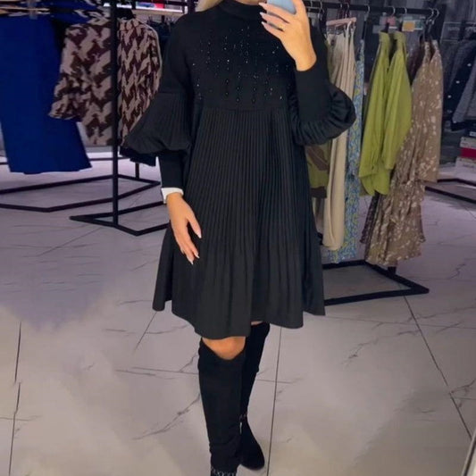 Women's Plus Size Lantern Sleeve Dress 👗✨ – Stand Collar, Flowy Fit for Casual/Party